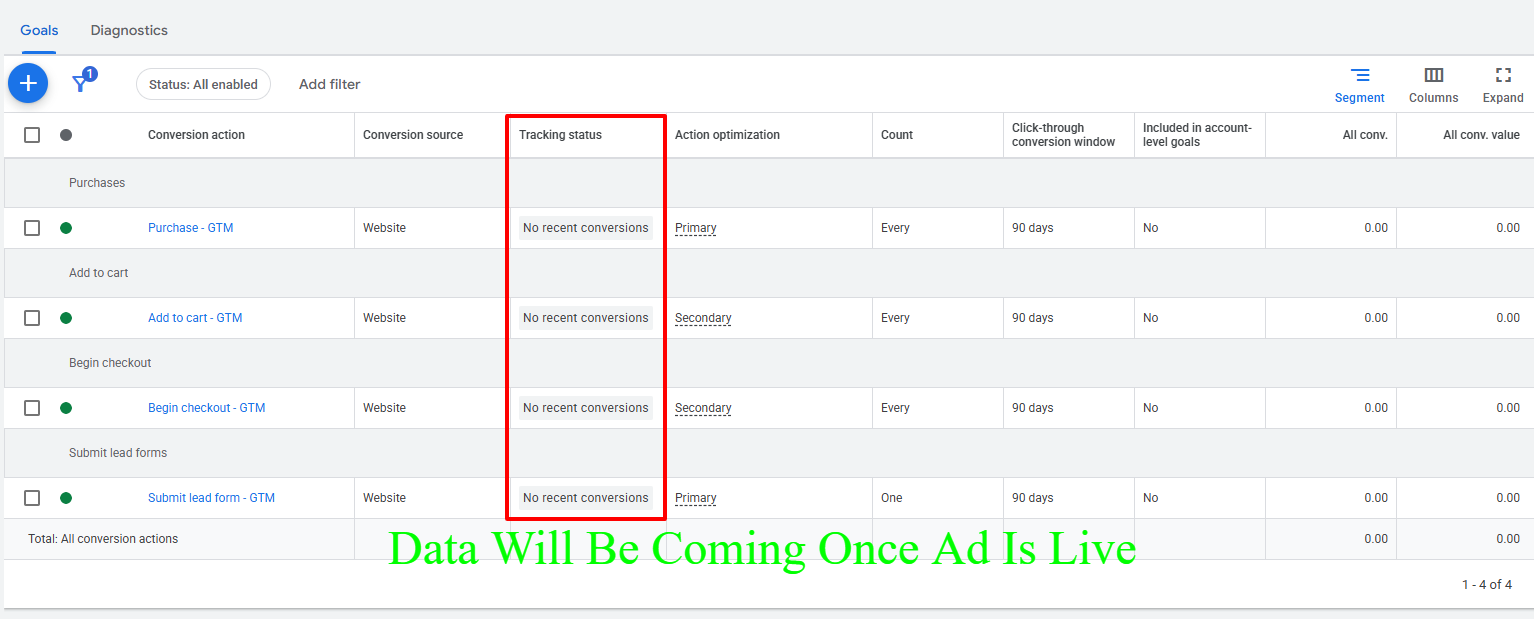 Brighter client Google Ads conversion actions