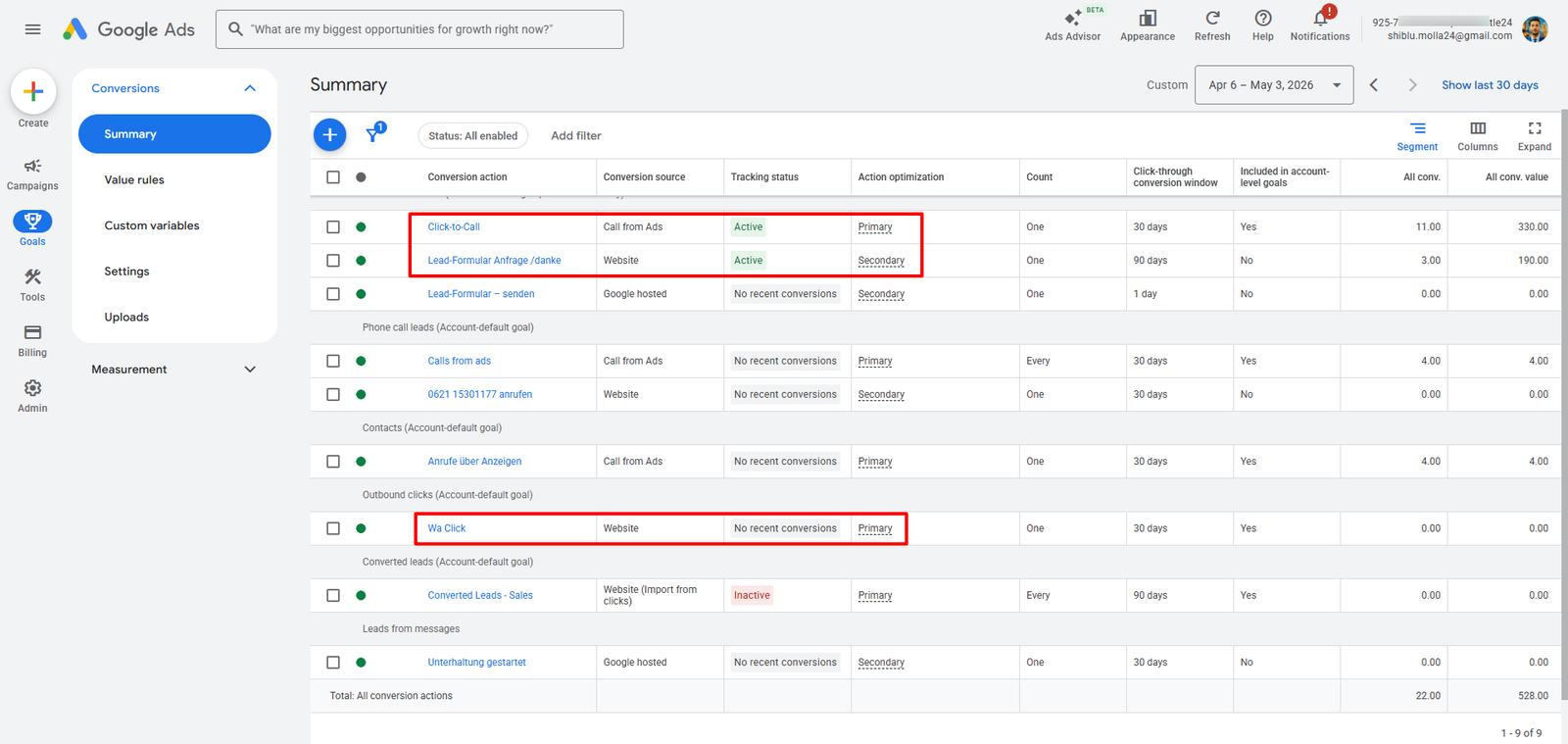 Airport Shuttle 24 Google Ads conversion actions dashboard