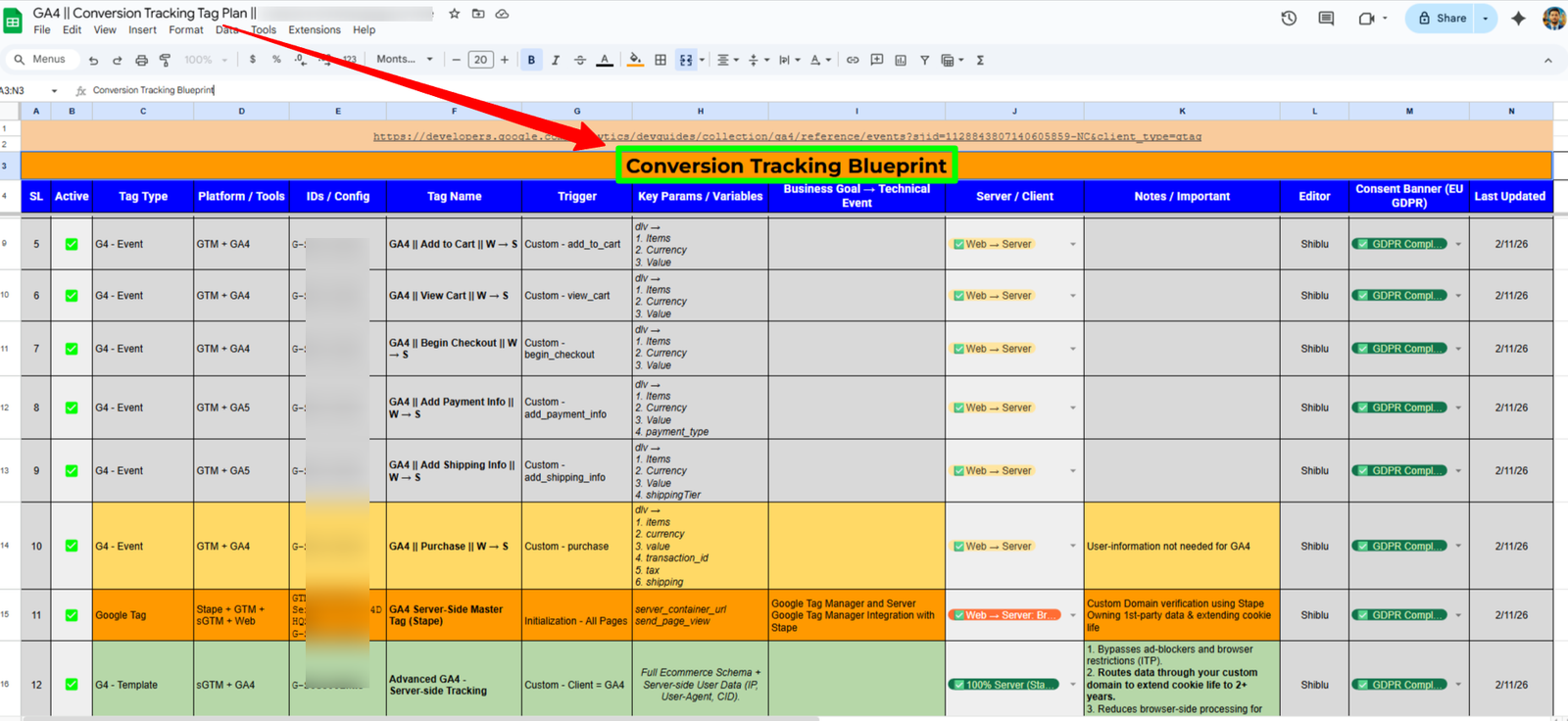 Live Conversion Blueprint — Tag Plan spreadsheet mapping every GTM tag, trigger, and variable