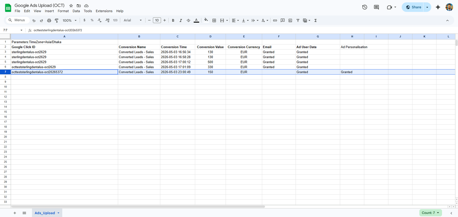 Google Sheets OCT upload pipeline with GCLID mapping to Google Ads