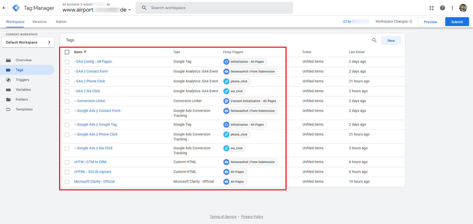 GTM workspace with advanced tag triggers