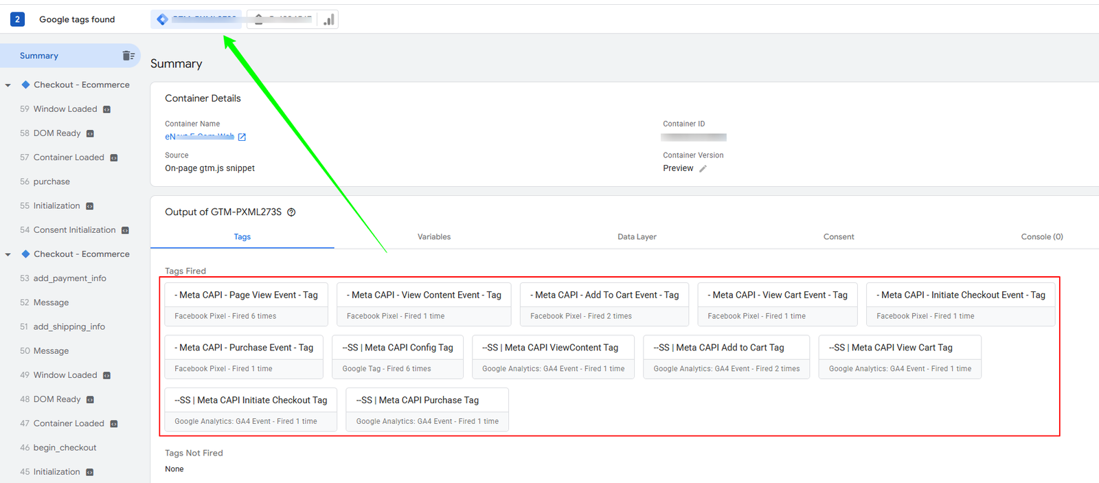 GTM Tag Assistant Preview Mode showing all tags fired and validated